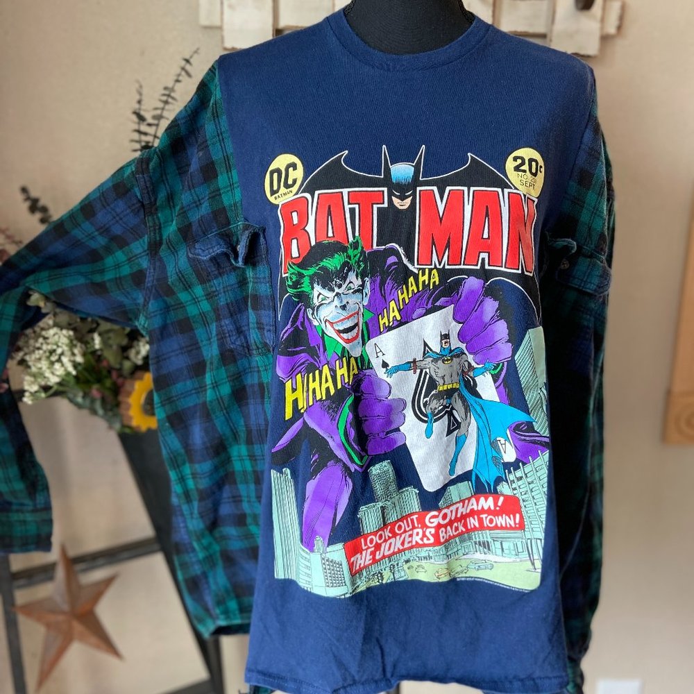 DC Comics Batman and The Joker Refashioned Upcycled Flannel ~M/L See Measurement